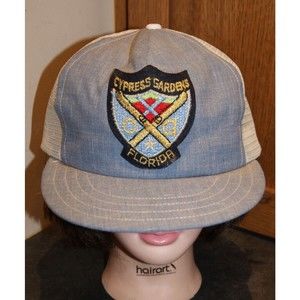VTG Cypress Gardens Florida Patch Denim Trucker Hat Cap White Mesh USA Made